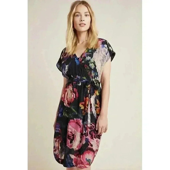 Anthropologie Astrid Needlepoint Floral Pockets V-Neck Mini Dress Modal Size Med - Picture 1 of 9